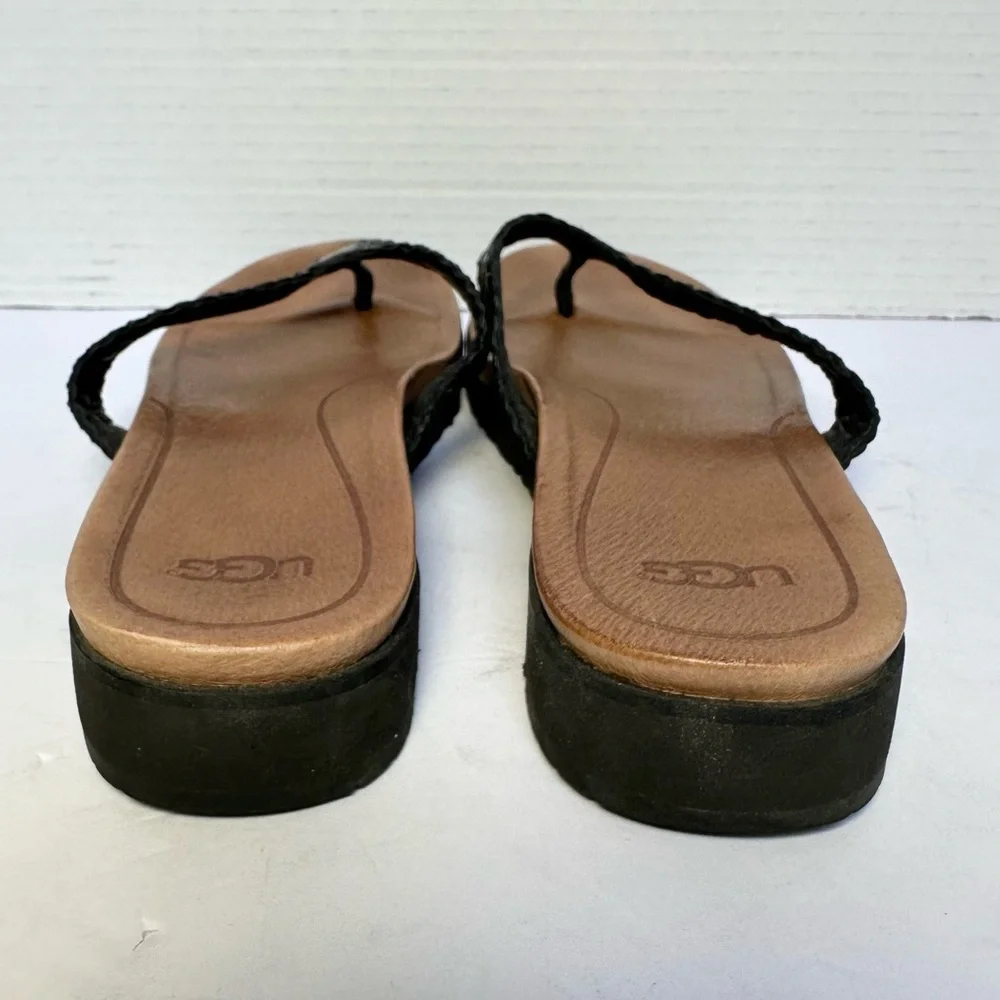UGG Women's Black and Tan Lorrie Leather Woven Thong Sandals- Size 8